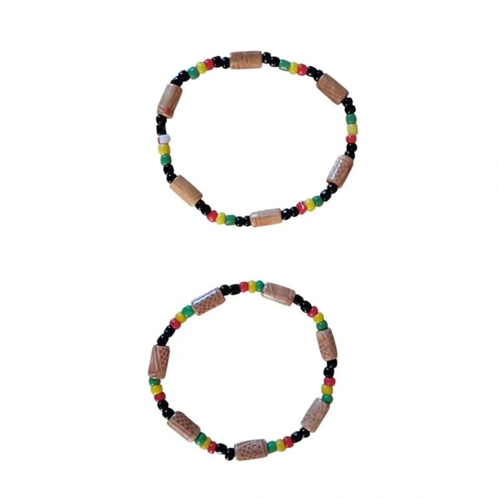 Black Multicolor Plastic Beaded Rasta Inspired Unisex Stretch Bracelets Set of 2